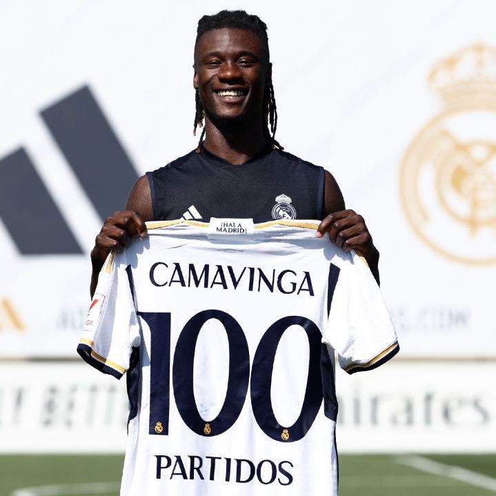 Camavinga reacciona a sus primeros 100 partidos en Madrid. Foto: Getty Images.
